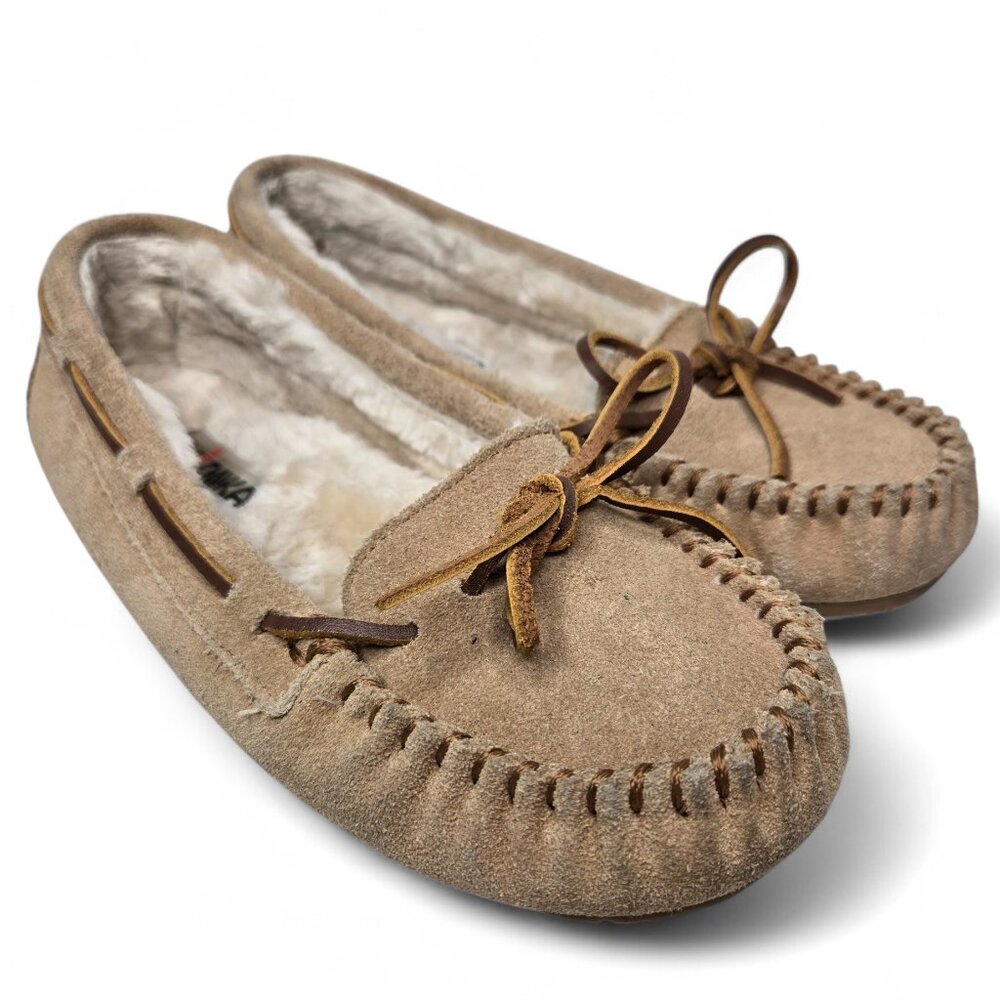 Minnetonka Cally Tan Suede Slipper Women's Plush Furry Line Leather Lace Flats 7